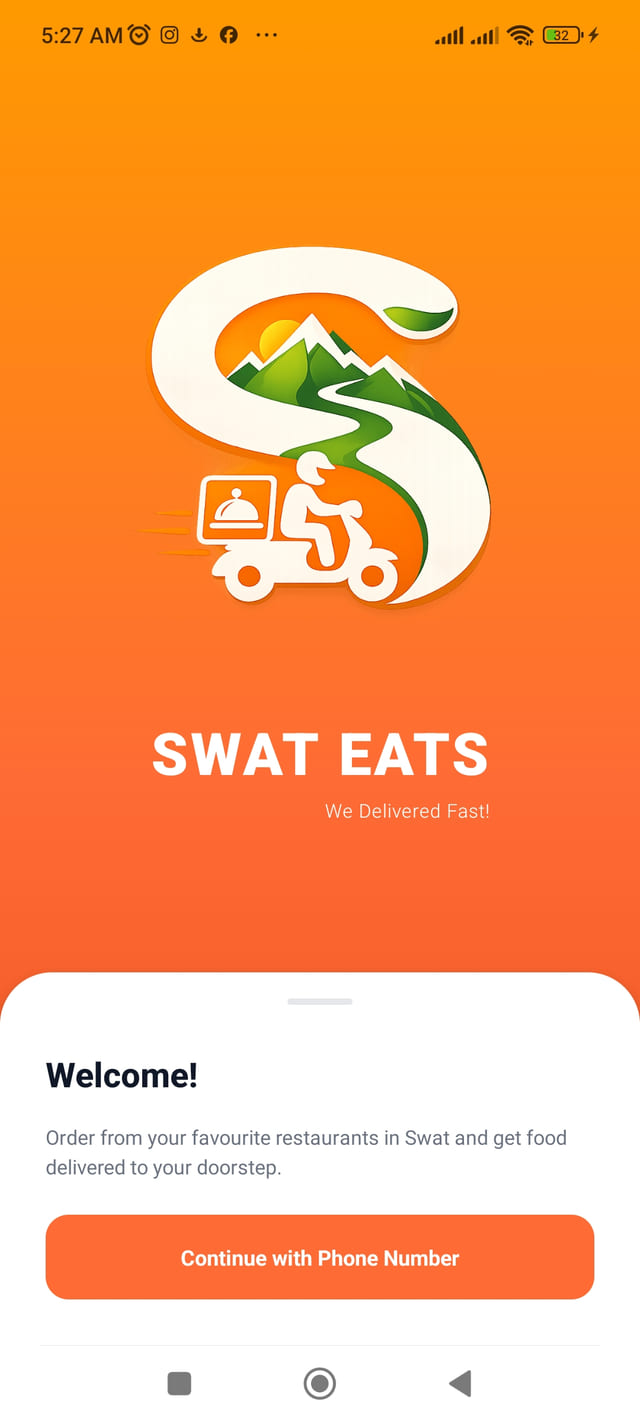 Screenshot of the Swat Eats Android app splash and welcome screen with the logo and a Continue with Phone Number button