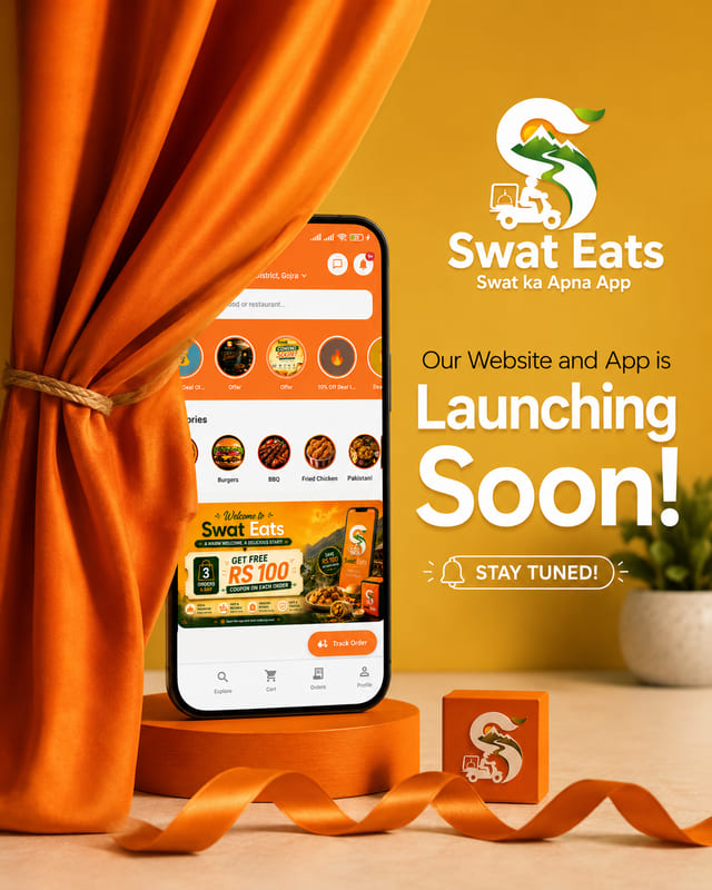 Swat Eats coming soon poster with an orange curtain and a phone showing the app home screen and a free Rs 100 offer