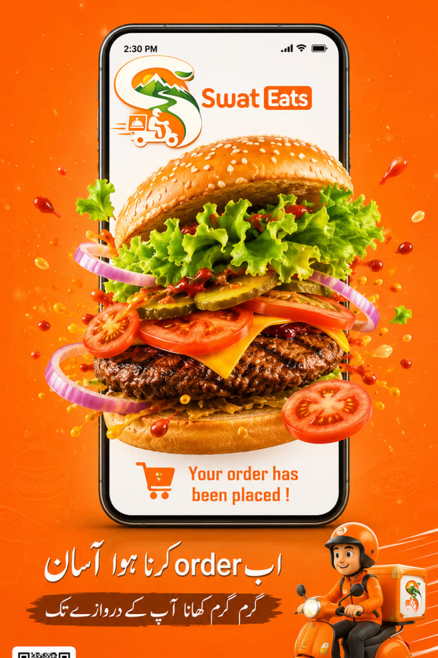 Swat Eats poster of a loaded beef burger bursting out of a phone screen showing the message your order has been placed