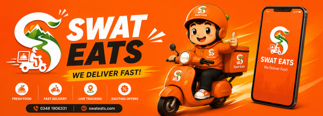 Wide Swat Eats counter flex banner showing the rider mascot, app phone mockup and the tagline We Deliver Fast with helpline 0348 1906331