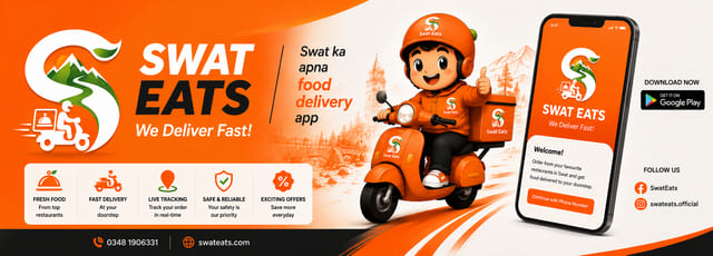 Swat Eats counter flex banner with delivery mascot on a scooter and a phone showing the app welcome screen, marked Swat ka apna food delivery app