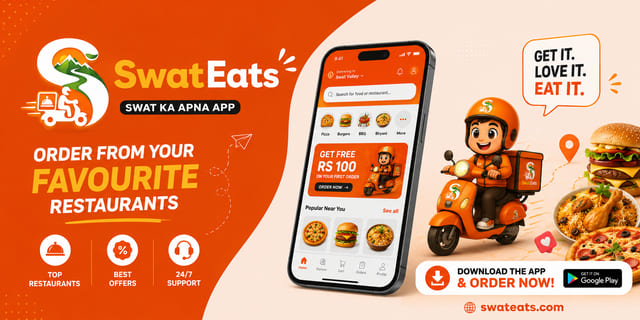 Swat Eats panaflex banner with the rider mascot, a burger and fried chicken beside the app screen and the slogan Get it. Love it. Eat it.