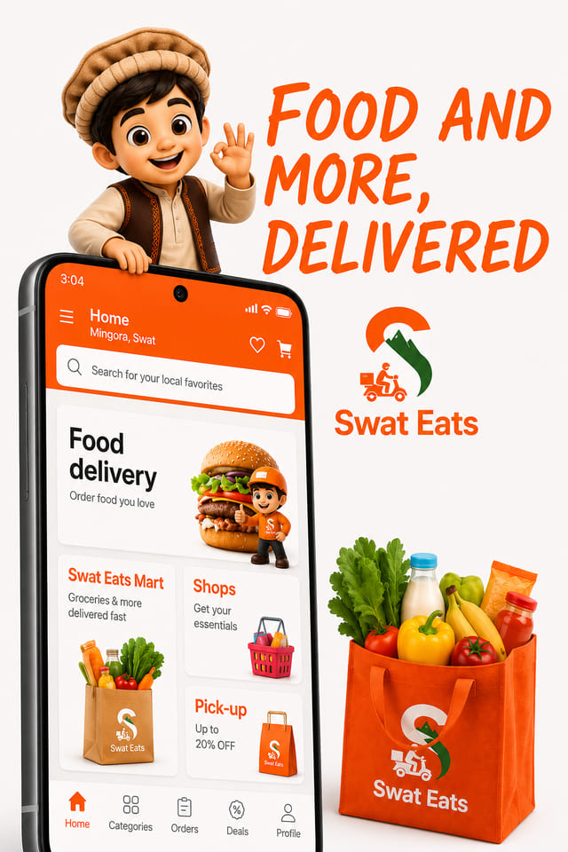 Swat Eats poster showing the app home screen with Food delivery, Swat Eats Mart, Shops and Pick-up sections beside a grocery bag