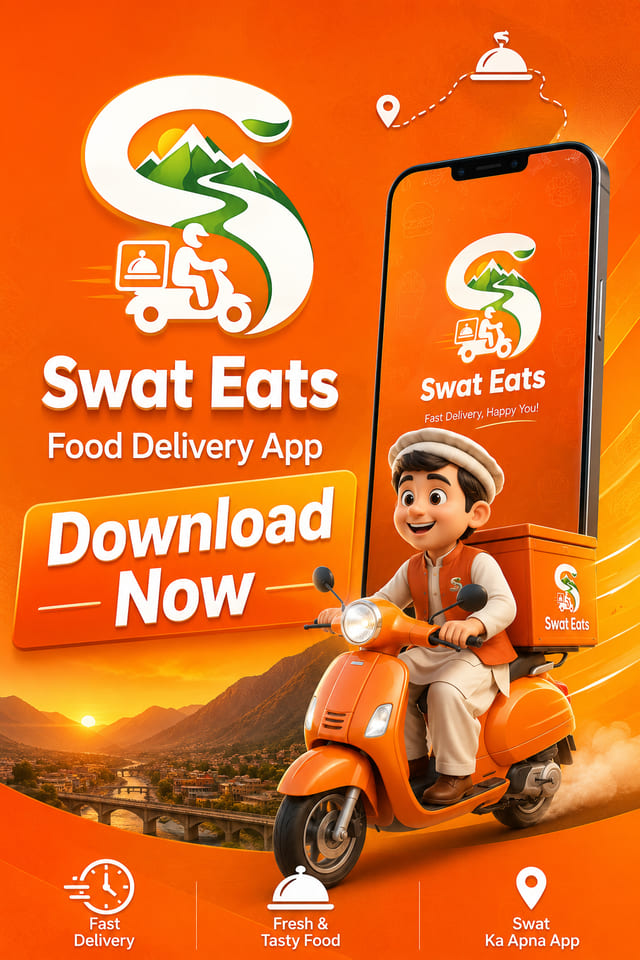 Swat Eats download now poster with the mascot in a Pakhtun cap riding a scooter over a Swat Valley sunset and a phone showing the app
