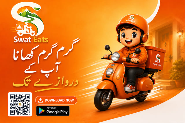 Swat Eats Urdu banner reading garam garam khana aap ke darwazay tak with the rider mascot delivering on a scooter