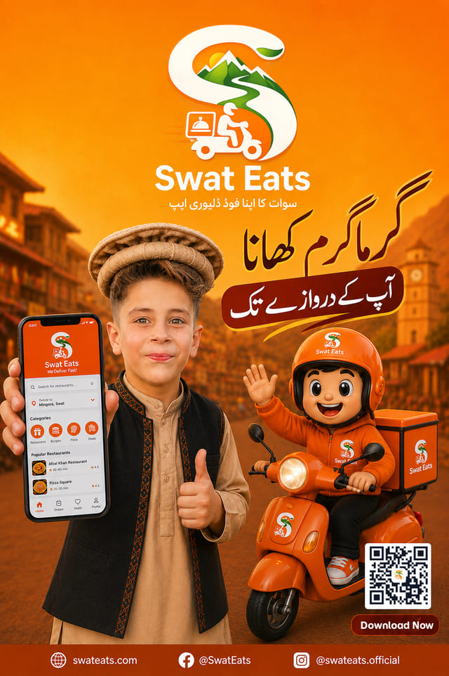 Swat Eats poster of a boy holding the app in front of the Mingora clock tower with the delivery mascot on a scooter