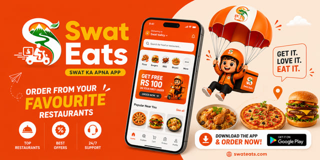 Swat Eats panaflex banner with the parachuting mascot, the app screen and the slogan Get it. Love it. Eat it.