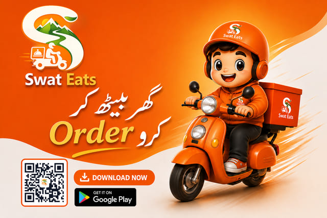 Swat Eats banner reading ghar beth kar order karo with the delivery mascot on an orange scooter and a download QR code
