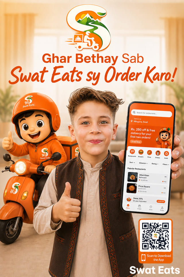 Swat Eats poster of a boy holding a phone showing Rs 250 off and free delivery on the first two orders, with a QR code to download the app