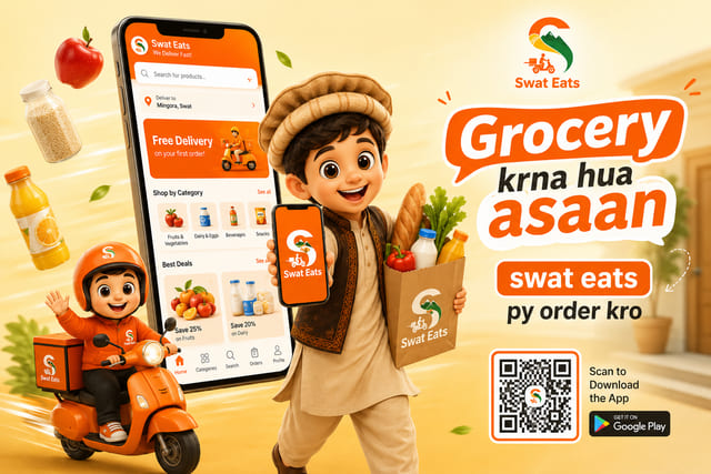 Swat Eats grocery banner with a boy carrying a grocery bag, the delivery rider mascot and an app screen offering free delivery on the first order