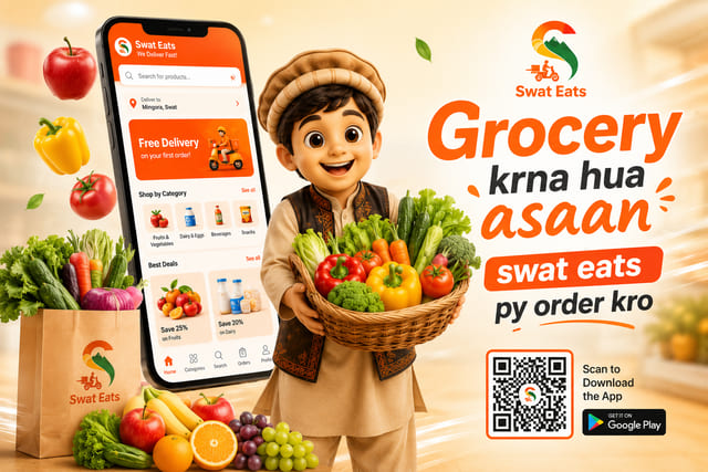 Swat Eats grocery banner of a boy holding a basket of fresh vegetables beside the app grocery screen and a download QR code