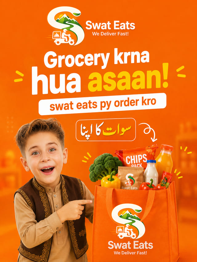 Swat Eats grocery poster of a boy pointing at an orange reusable bag filled with vegetables, milk, juice and snacks
