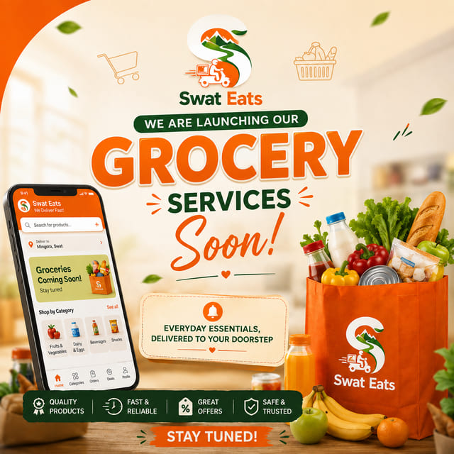 Swat Eats announcement that grocery services are launching soon, with an orange grocery bag of vegetables, bread and milk and the app grocery screen