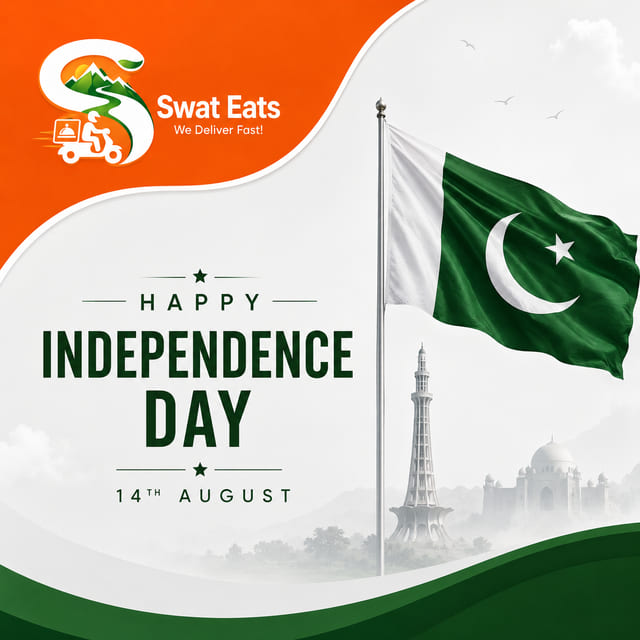 Swat Eats Happy Independence Day greeting for 14 August with the Pakistan flag, Minar-e-Pakistan and Badshahi Mosque