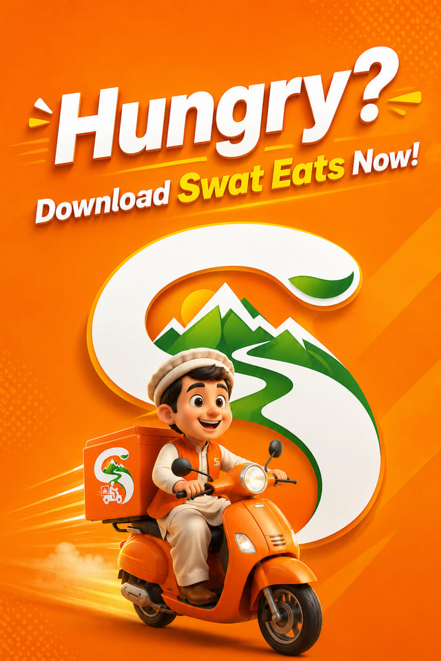 Swat Eats poster with the large S mountain logo behind the delivery mascot on a scooter and the line Hungry? Download Swat Eats Now