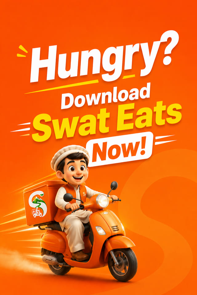Swat Eats poster reading Hungry? Download Swat Eats Now with the delivery mascot speeding on an orange scooter