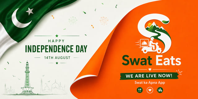 Wide Swat Eats Independence Day banner with the Pakistan flag, Minar-e-Pakistan and the message we are live now