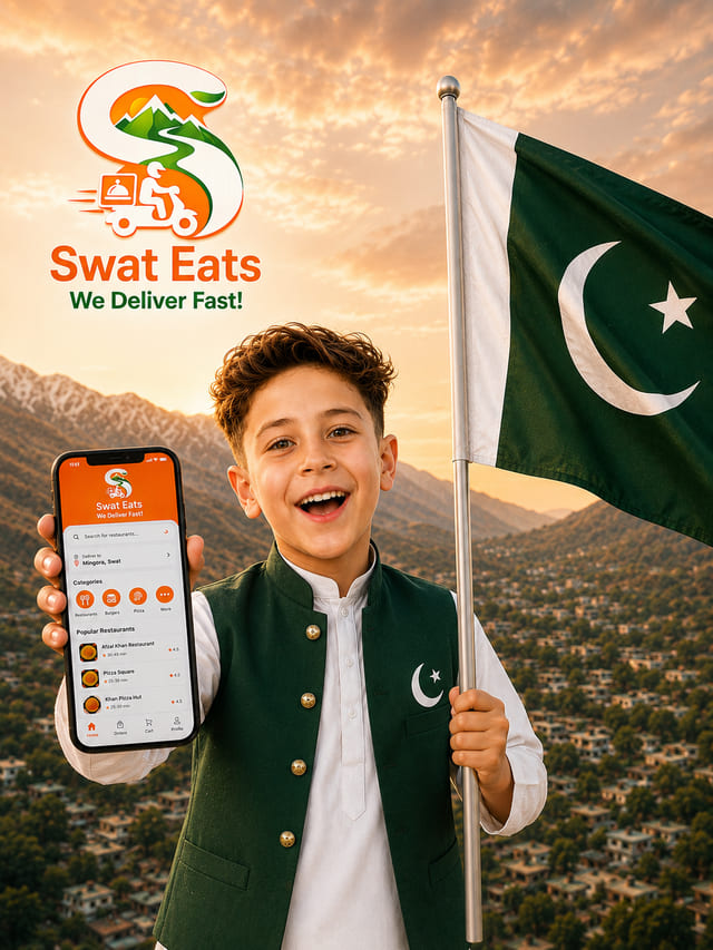 Swat Eats Independence Day poster of a boy in a green waistcoat holding a Pakistan flag and the Swat Eats app over Swat Valley mountains