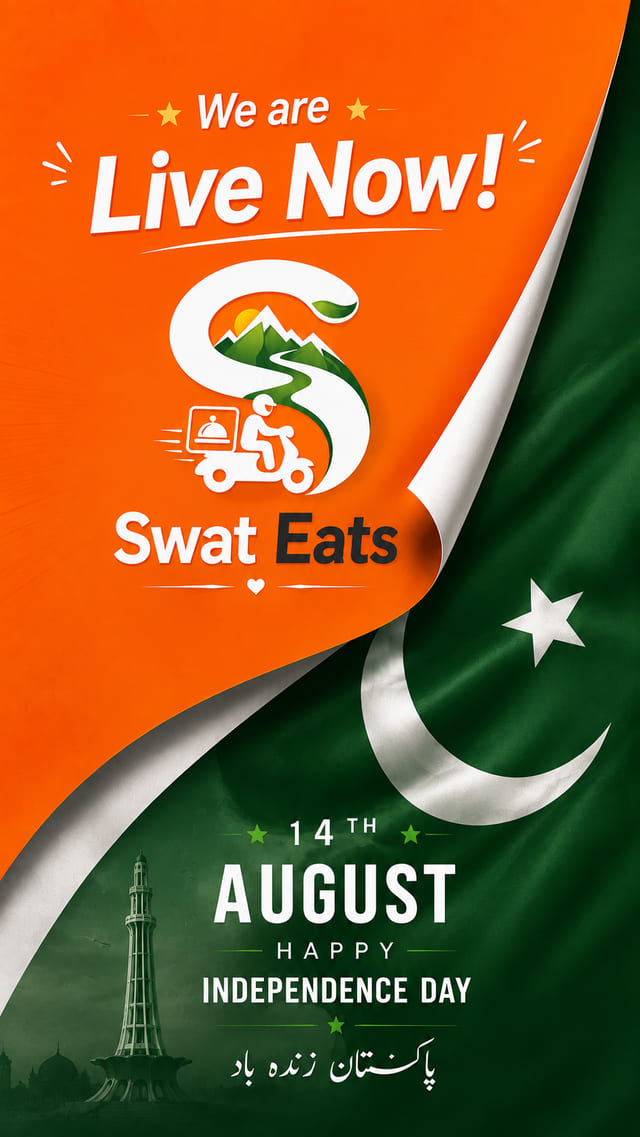 Vertical Swat Eats Independence Day story graphic with orange and green Pakistan flag fold, Minar-e-Pakistan and the Swat Eats logo