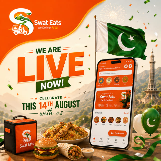 Swat Eats food delivery app launch banner for 14 August with Pakistan flag, biryani, burger and the app home screen