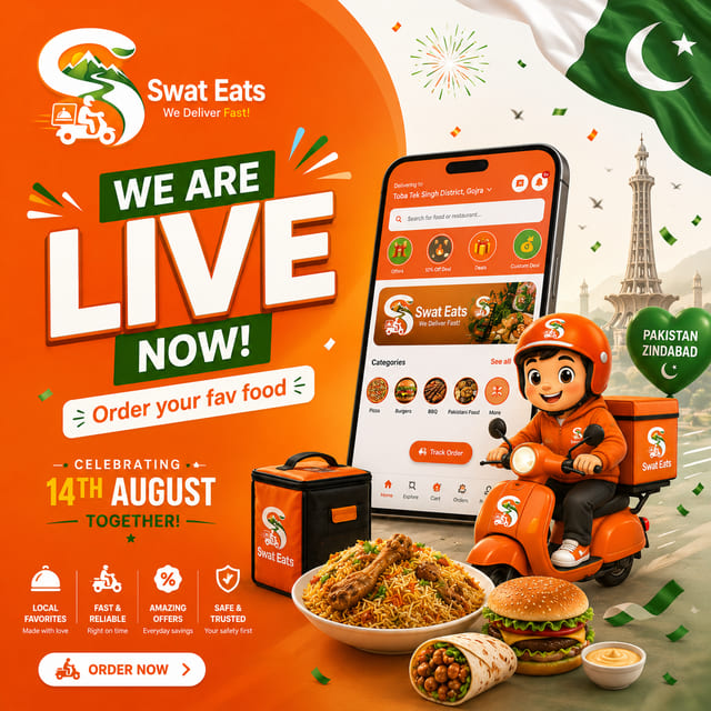 Swat Eats launch banner with delivery rider mascot on an orange scooter, app screen and Pakistan flag celebrating 14 August
