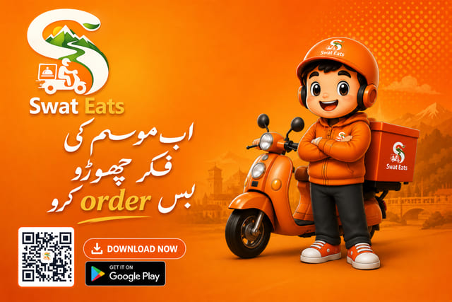 Swat Eats Urdu banner reading ab mausam ki fikar choro bas order karo with the delivery mascot on an orange scooter and a QR code