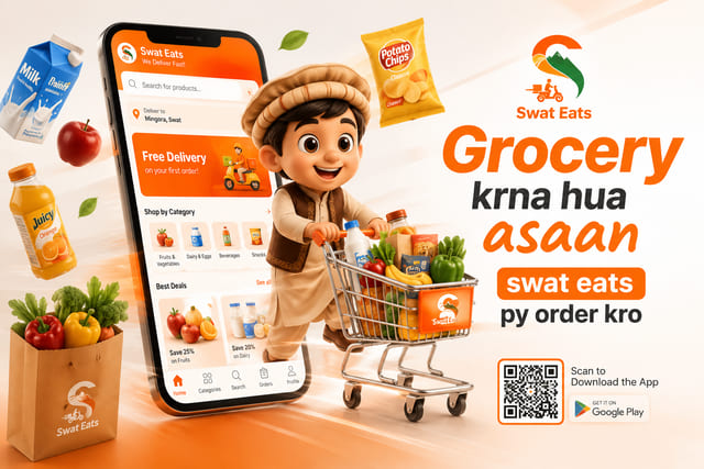 Swat Eats grocery banner of a boy pushing a shopping cart full of groceries beside the app grocery screen and a QR code
