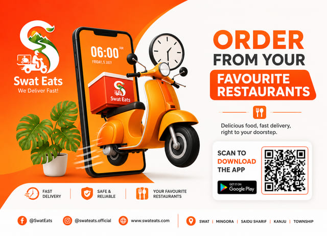 Swat Eats banner with an orange scooter beside a phone and a clock, listing delivery in Swat, Mingora, Saidu Sharif, Kanju and Township