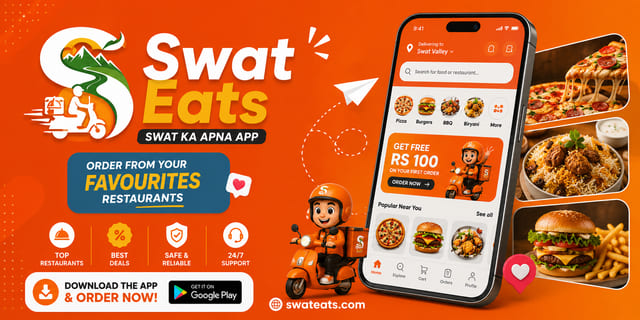 Swat Eats panaflex banner showing the app restaurant list with photos of BBQ, pizza and burgers and badges for top restaurants and best deals