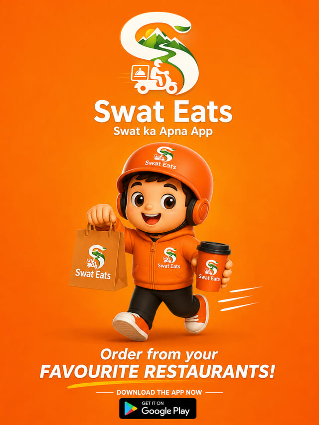 Swat Eats poster with the delivery mascot carrying a takeaway bag and coffee under the tagline Order from your favourite restaurants