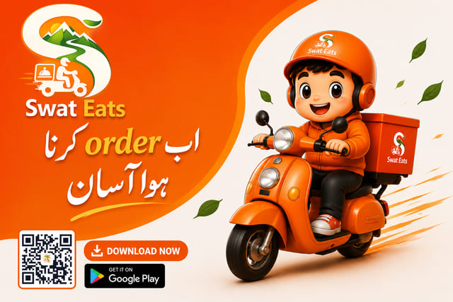 Swat Eats banner with the smiling delivery mascot on an orange scooter and the Urdu line ab order karna hua asaan with a QR code