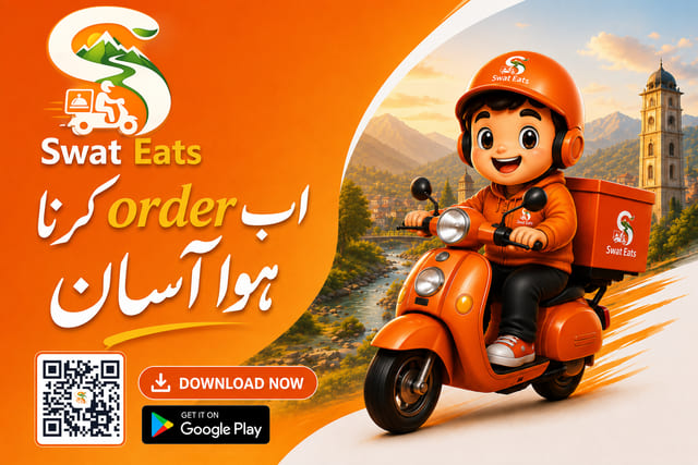 Swat Eats banner reading ab order karna hua asaan with the mascot on a scooter beside a Swat Valley river and clock tower