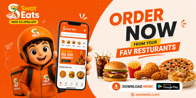 Swat Eats panaflex banner with the mascot, the app screen and a spread of burgers, fries, fried chicken, pizza and drinks