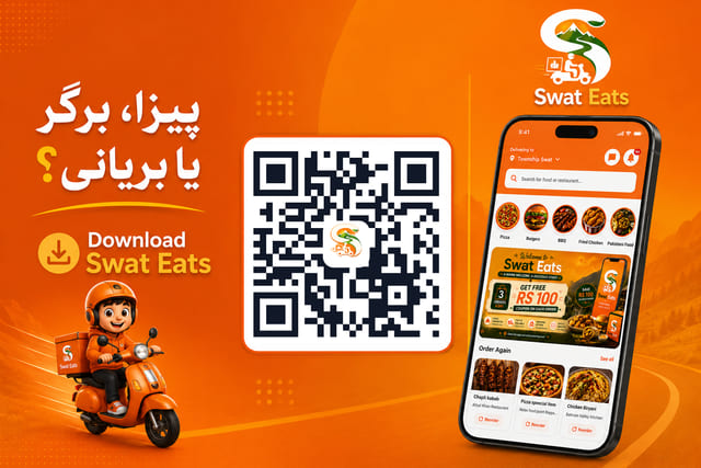 Swat Eats banner asking pizza, burger ya biryani in Urdu with a large download QR code and the app restaurant listing screen