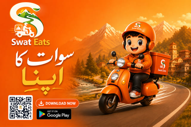 Swat Eats banner with the delivery mascot riding a scooter on a mountain road in Swat Valley under the Urdu words Swat ka apna