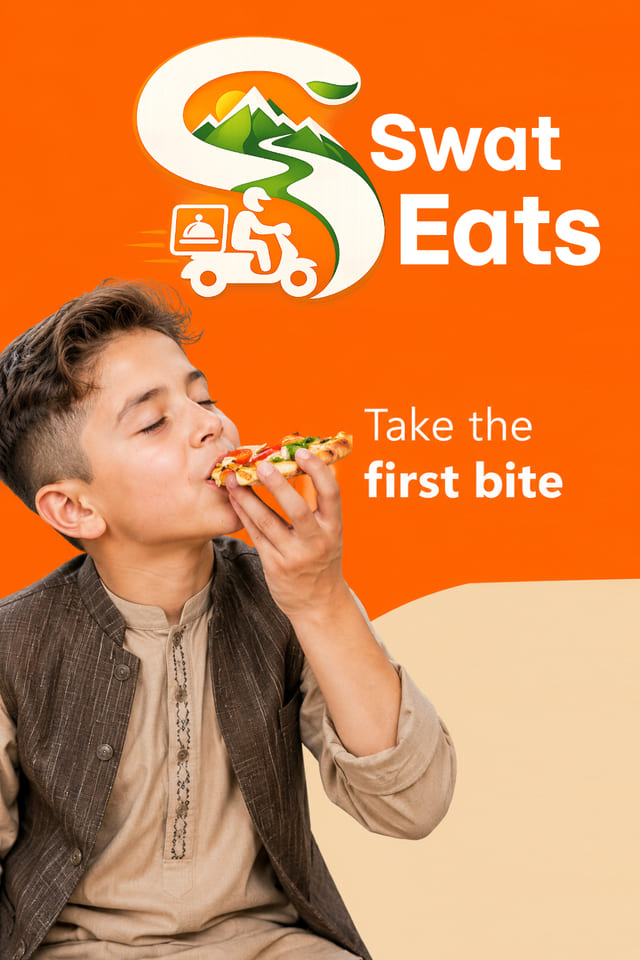 Swat Eats poster of a boy in traditional Pakhtun dress taking a bite of a pizza slice beside the tagline Take the first bite