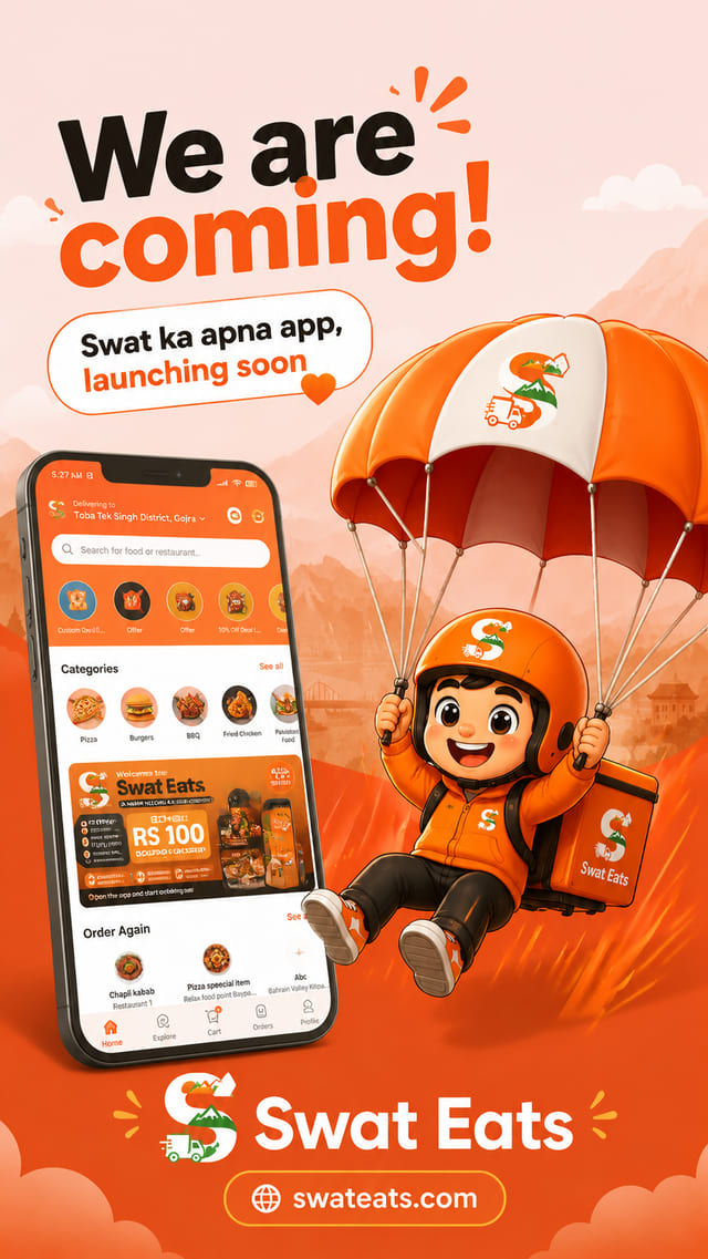 Vertical Swat Eats teaser story with the mascot parachuting down beside a phone showing the app home screen and swateats.com
