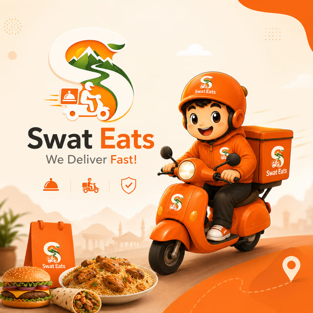 Swat Eats brand banner with the logo, delivery mascot on a scooter, a burger, chicken biryani and a paratha roll